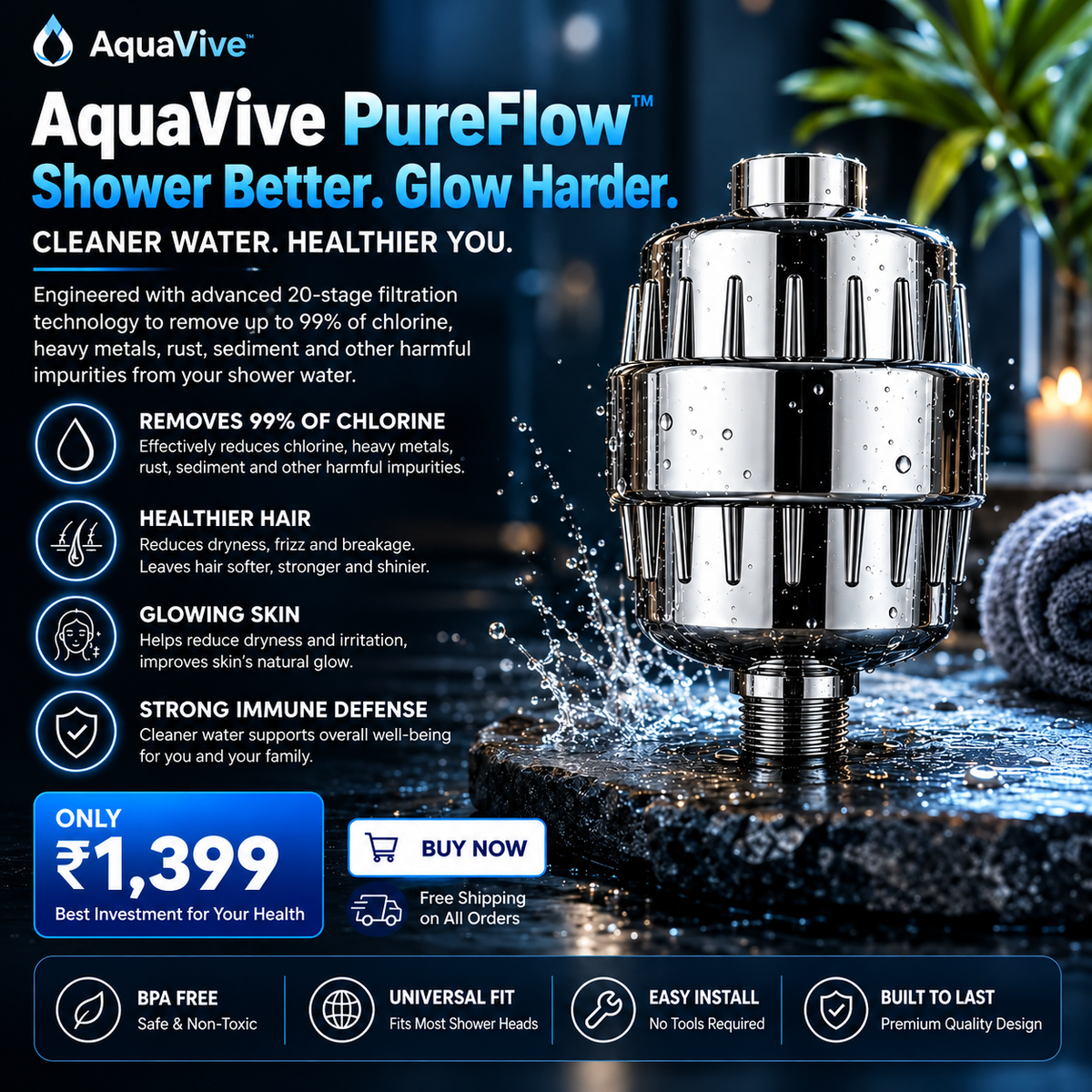 The AquaVive PureFlow™ – Advanced Beauty Shower System Ad Creative for Softer Skin & Shinier Hair