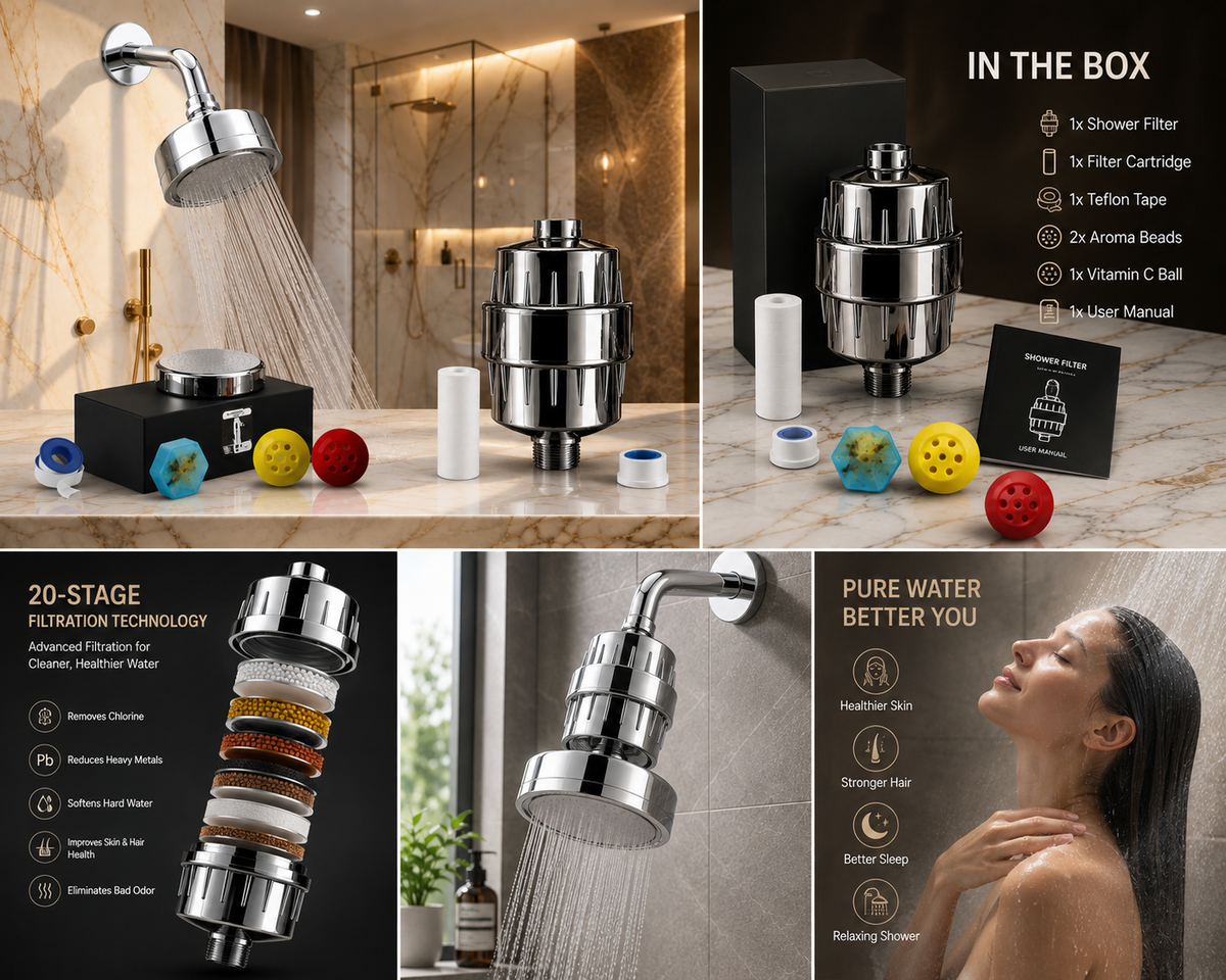 AquaVive Value Pack Bundle – Luxury Rain Shower Head Plus 20 Stage Shower Filter Plus Extra Core