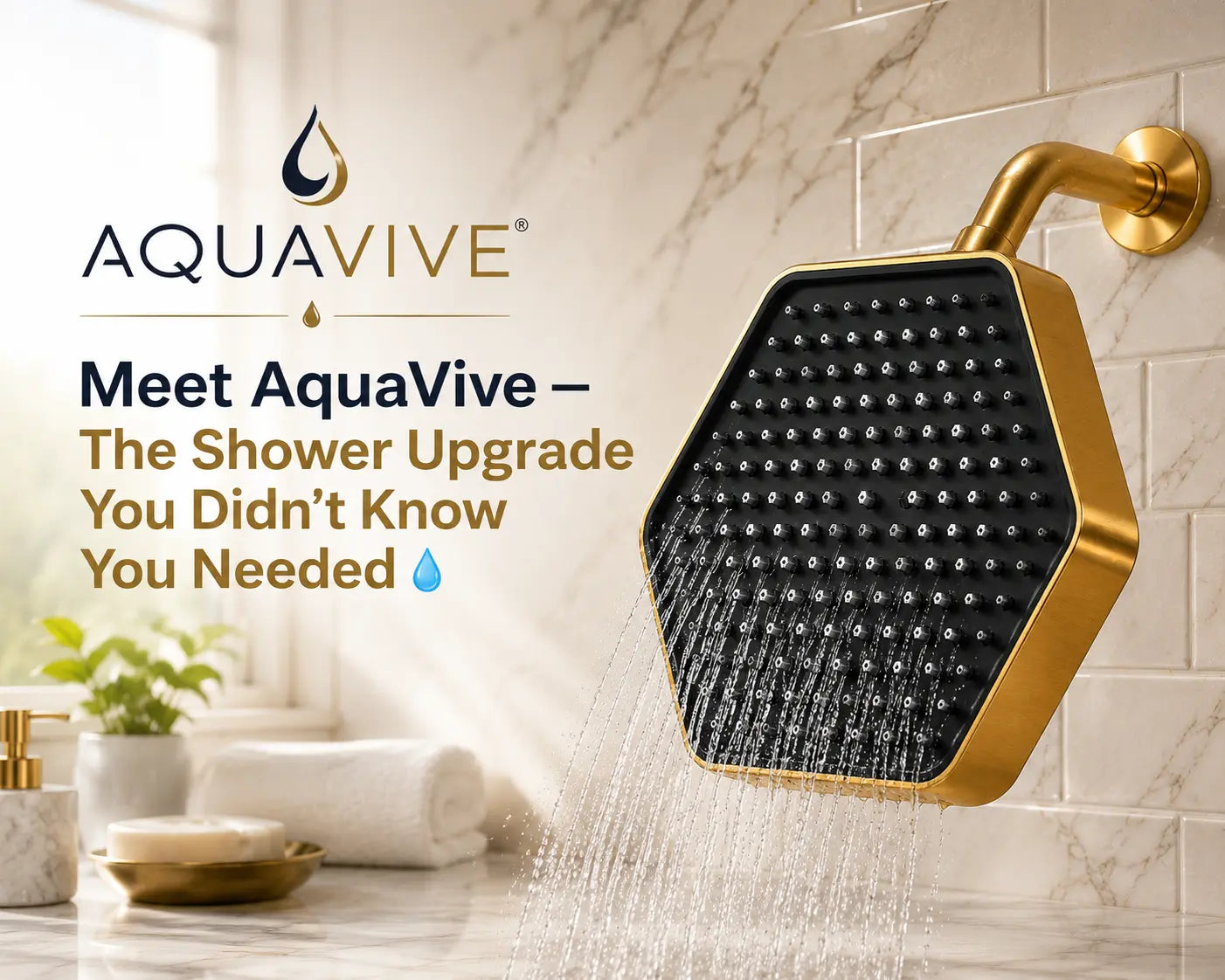 AquaVive Gold Shower Head Lifestyle – Woman Enjoying Filtered Rain Shower with Glowing Skin