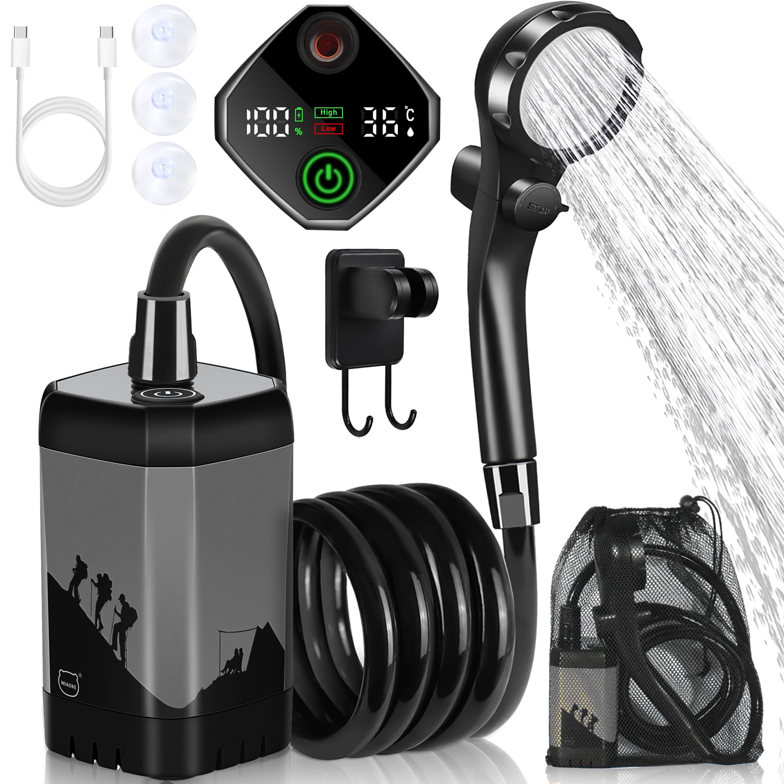 MIAOKE Upgrade Portable Camping Shower 7800mAh Outdoor Electric Shower Rechargeable Pump with Intelligent Digital Display Temperature Display Shower Head for Camping Hiking Traveling/Grey