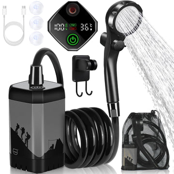 MIAOKE Upgrade Portable Camping Shower 7800mAh Outdoor Electric Shower Rechargeable Pump with Intelligent Digital Display Temperature Display Shower Head for Camping Hiking Traveling/Grey