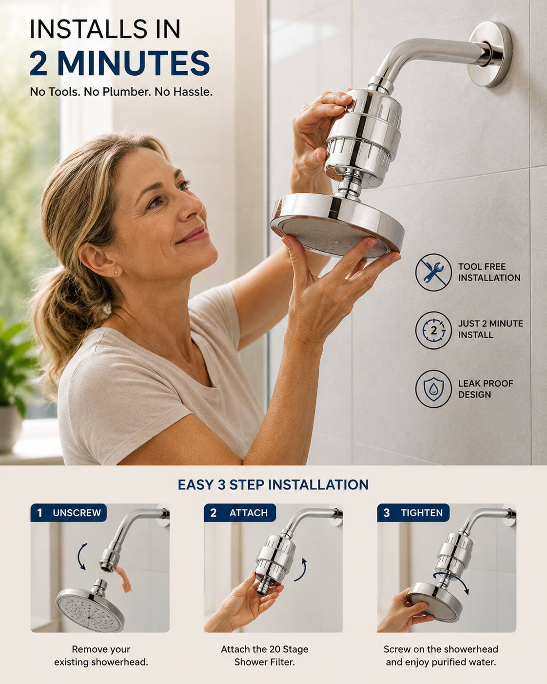 AquaVive Filtered Shower Head Easy Installation – 2 Minute Tool-Free Setup Universal G1/2 Fitting