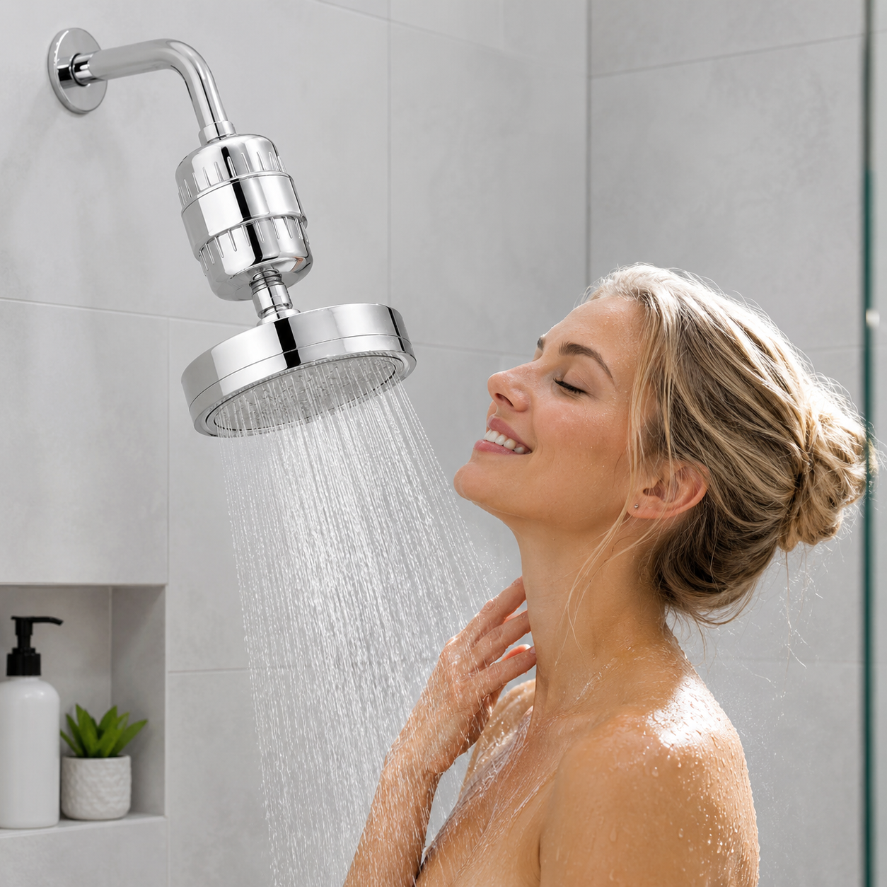 AquaVive Luxury Rain Shower Head Lifestyle – Woman Enjoying High Pressure Filtered Rainfall Shower