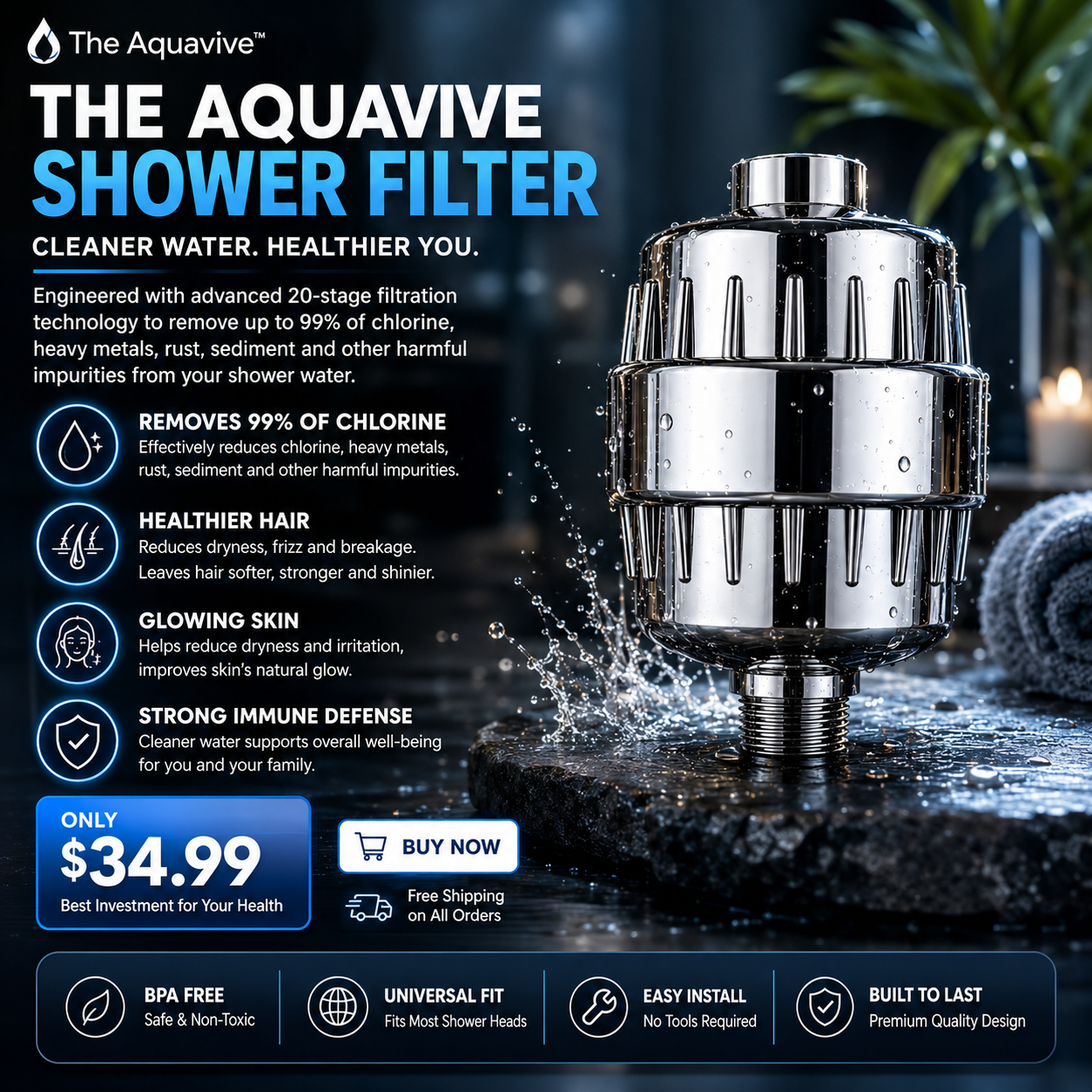 AquaVive 20 stage shower filter premium chrome finish lifestyle product