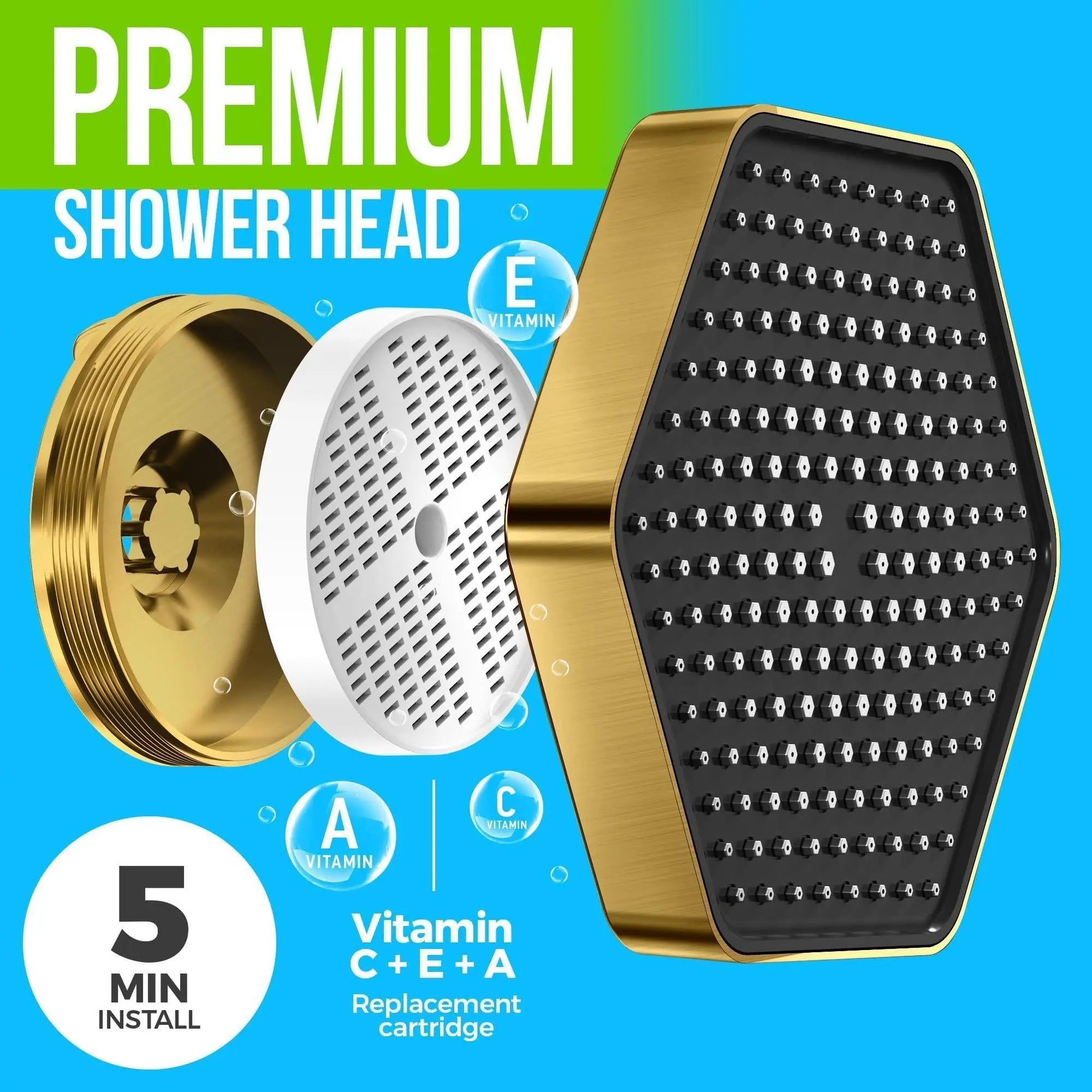 AquaVive Brushed Gold Shower Head in Luxury Marble Bathroom – Spa Quality Water at Home